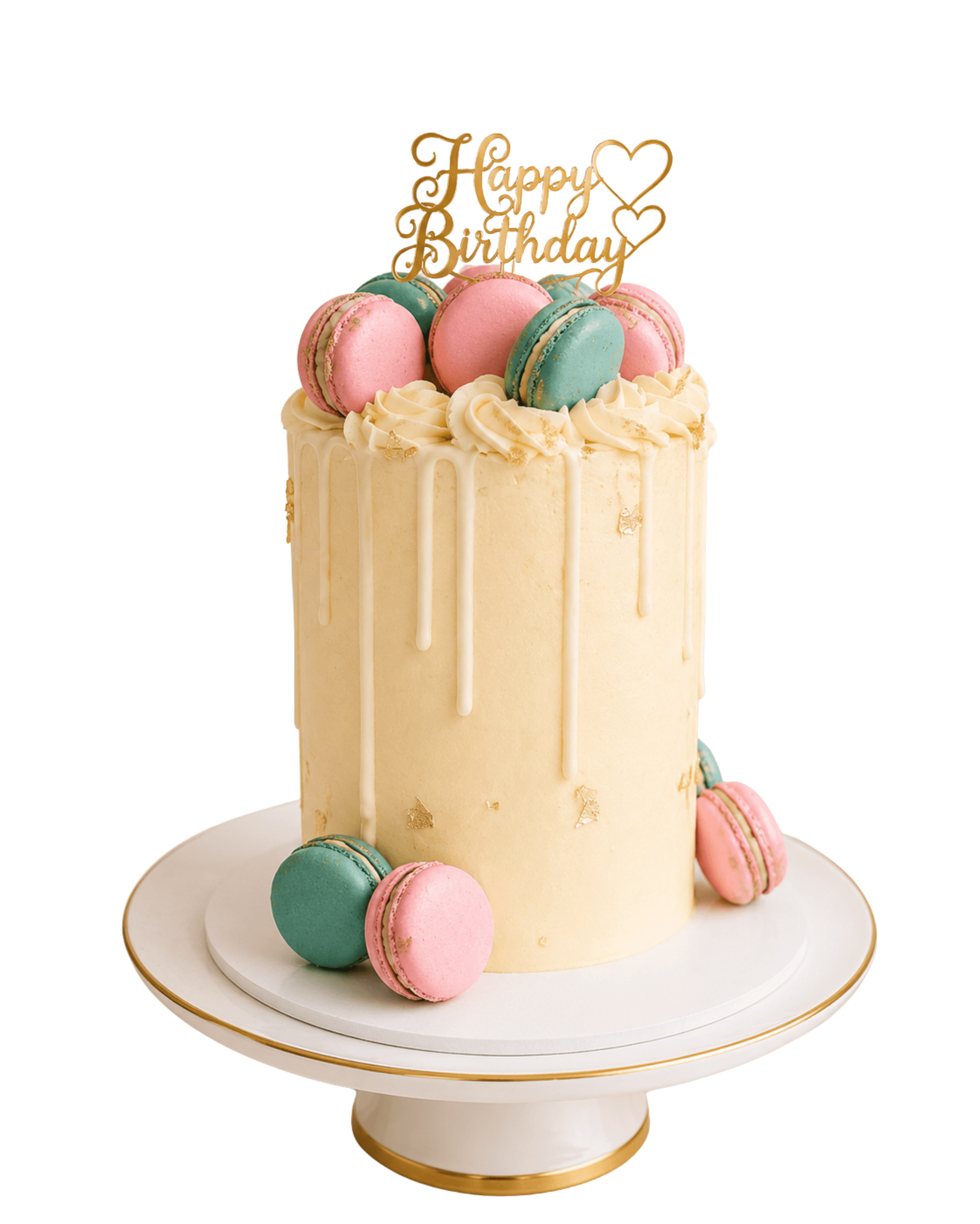 Birthday drip cake with pastel macarons by Glory Treats