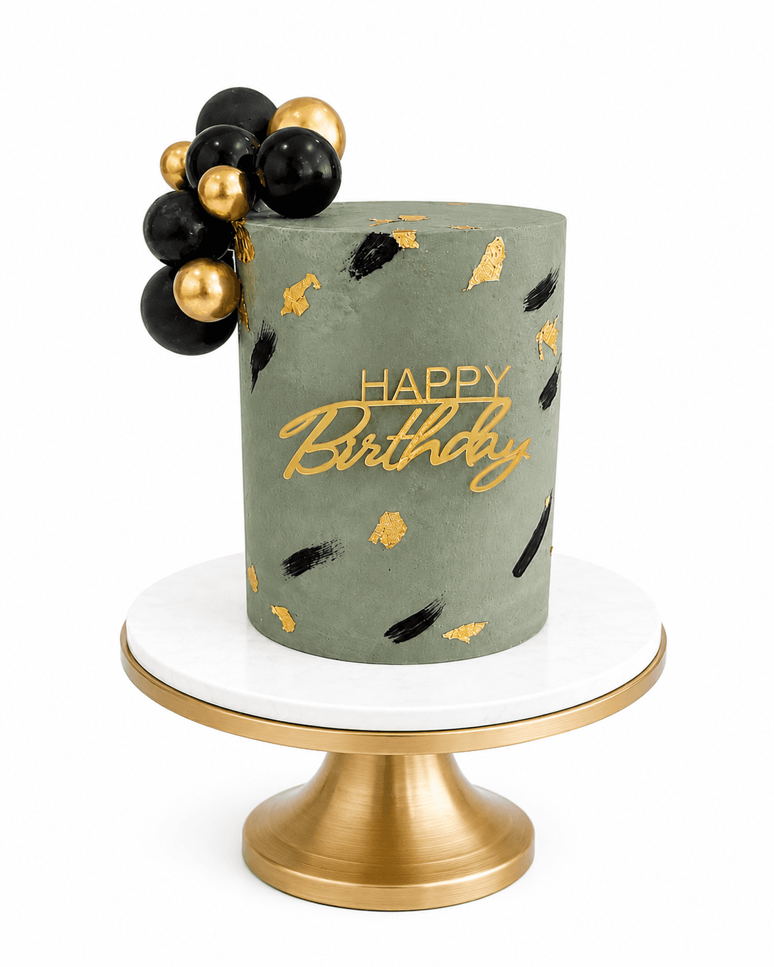 Sage green, black and gold birthday cake with balloon detailing by Glory Treats