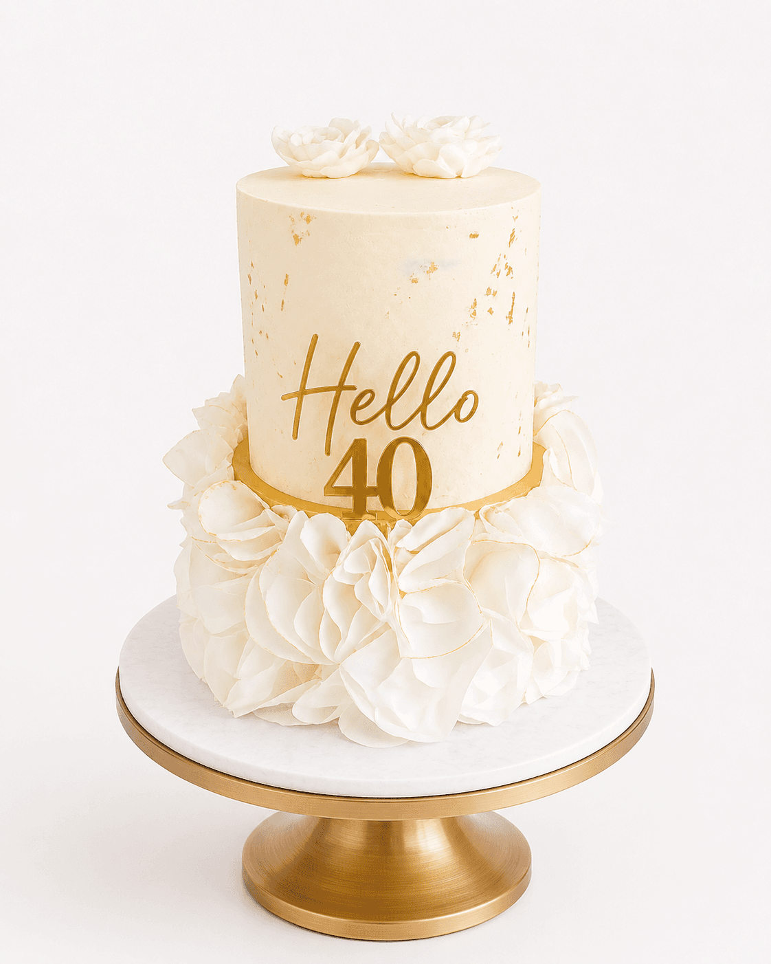 Cream Hello 40 birthday cake with white roses and gold leaf by Glory Treats