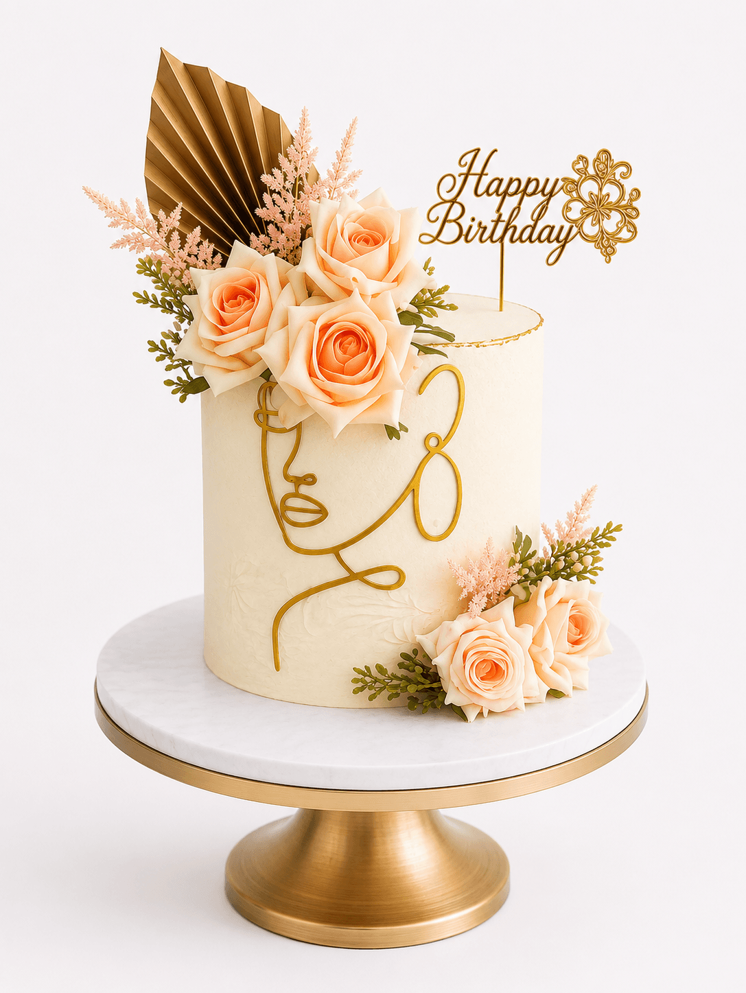 Cream birthday cake with gold line art face design and peach roses by Glory Treats