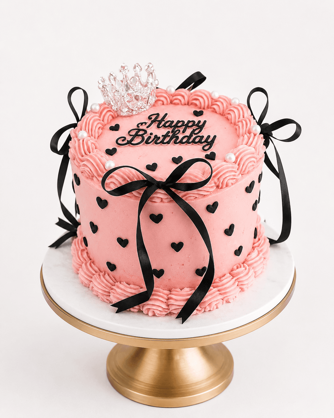 Pink birthday cake with black bows, hearts and a crown by Glory Treats