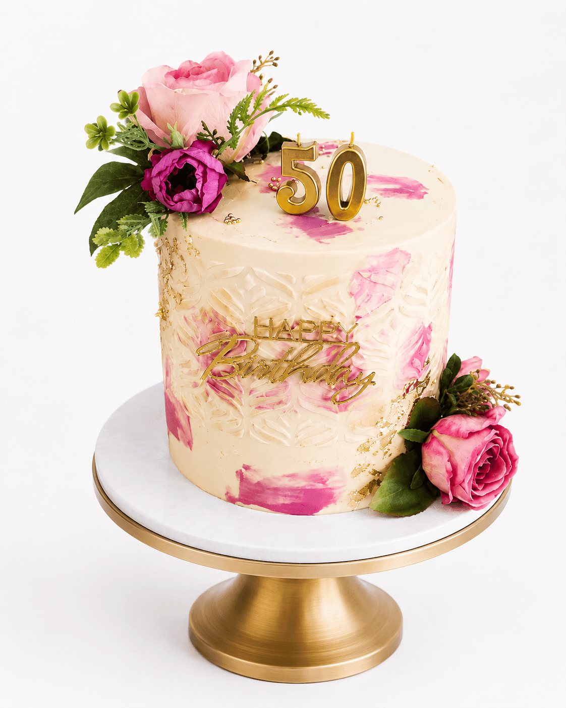 Pink and gold floral 50th birthday cake by Glory Treats
