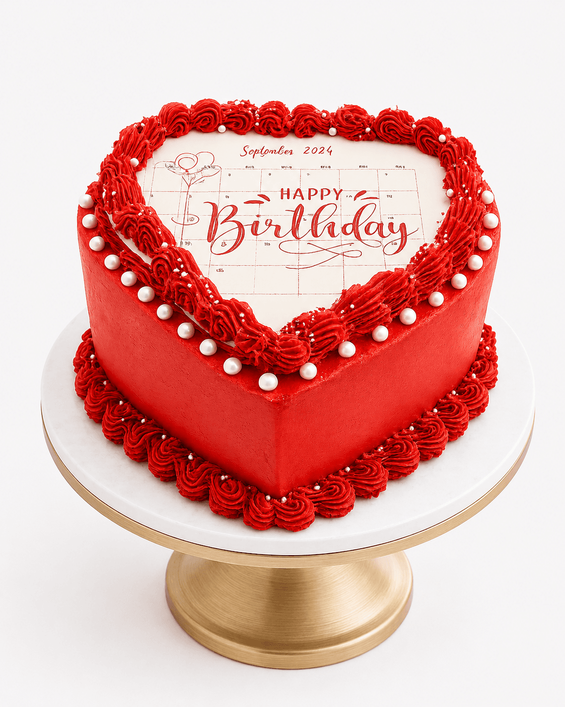 Bright red birthday cake with colourful heart decorations by Glory Treats