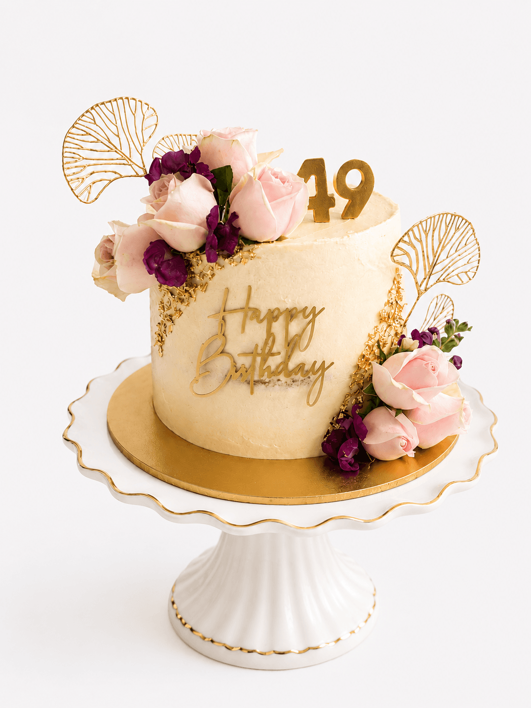 Pink and purple marble birthday cake with fresh roses by Glory Treats