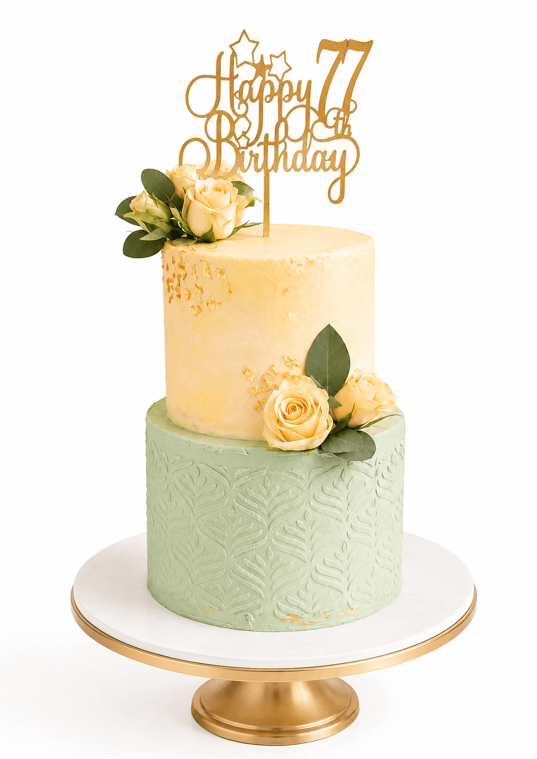 Two-tier sage green and cream birthday cake with fresh roses by Glory Treats