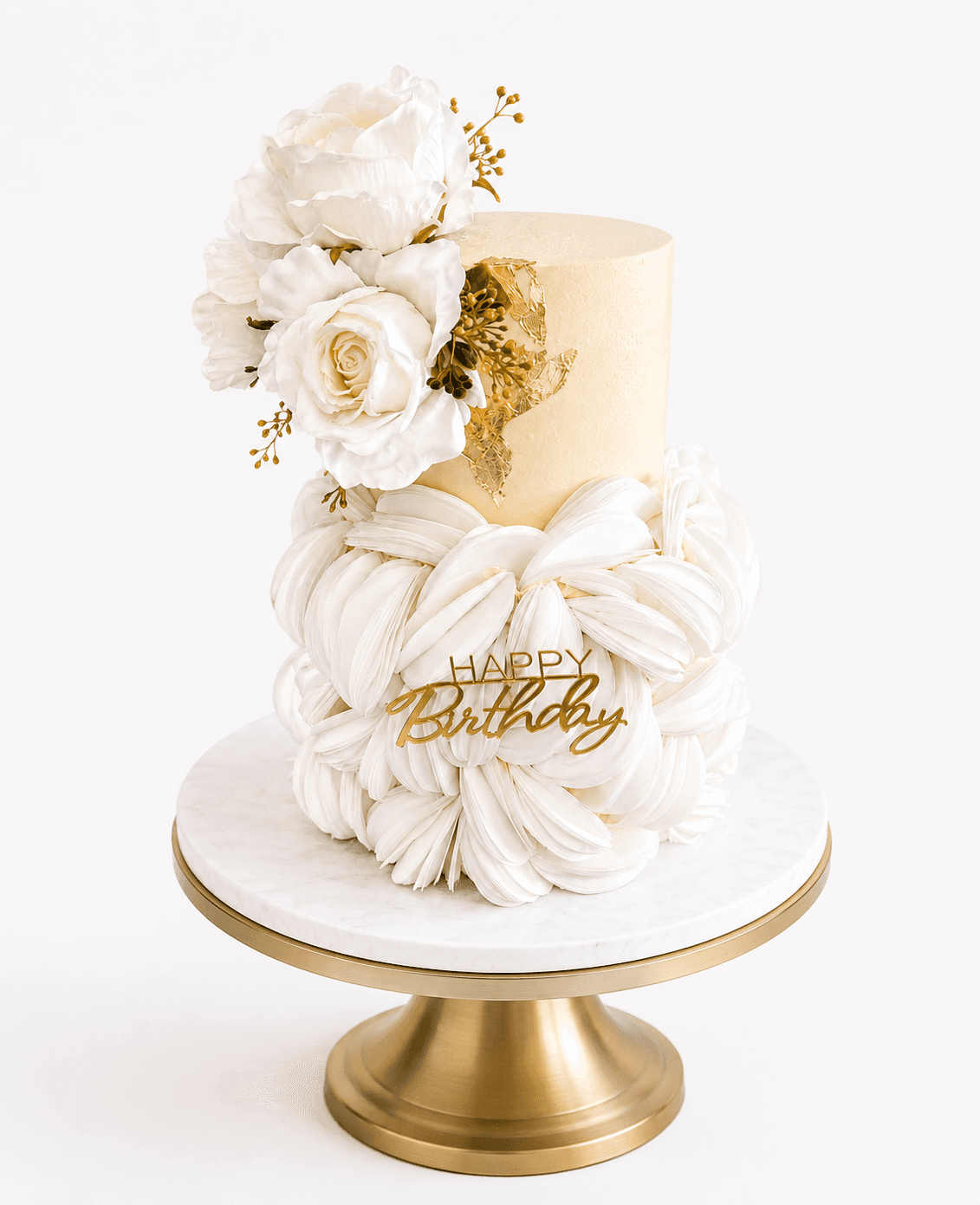 White wafer petal tiered birthday cake by Glory Treats