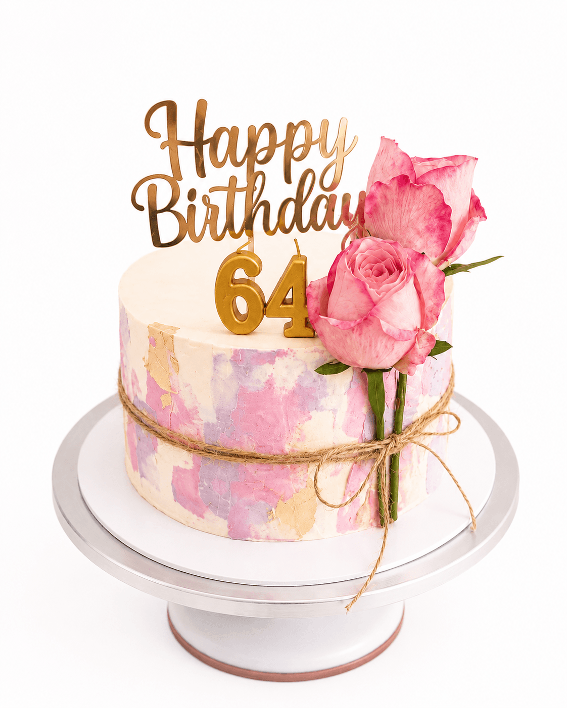 Pink and purple watercolour birthday cake with jute twine and roses by Glory Treats