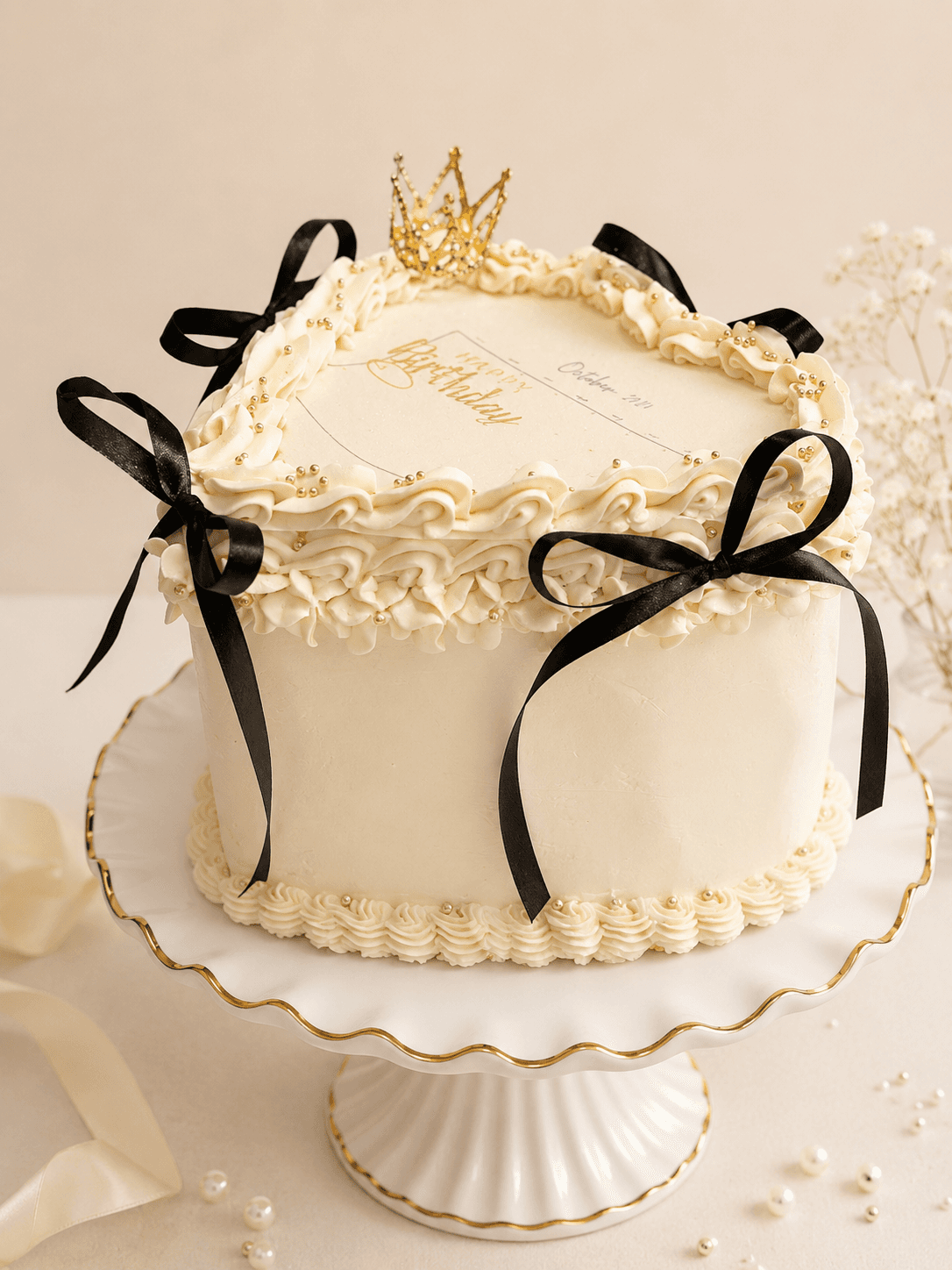 Cream birthday cake with gold crown and black ribbon by Glory Treats