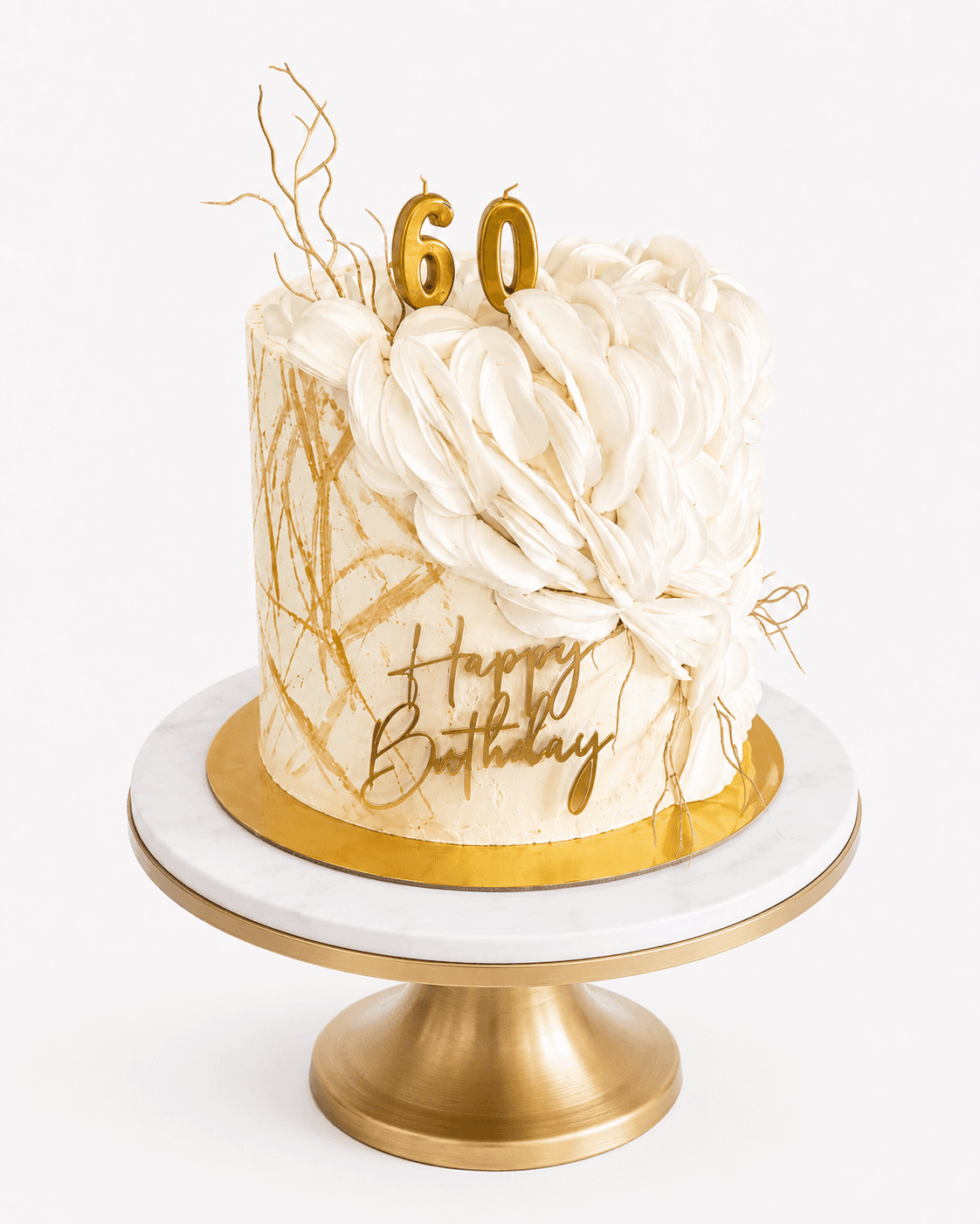 White and gold wafer petal 60th birthday cake by Glory Treats