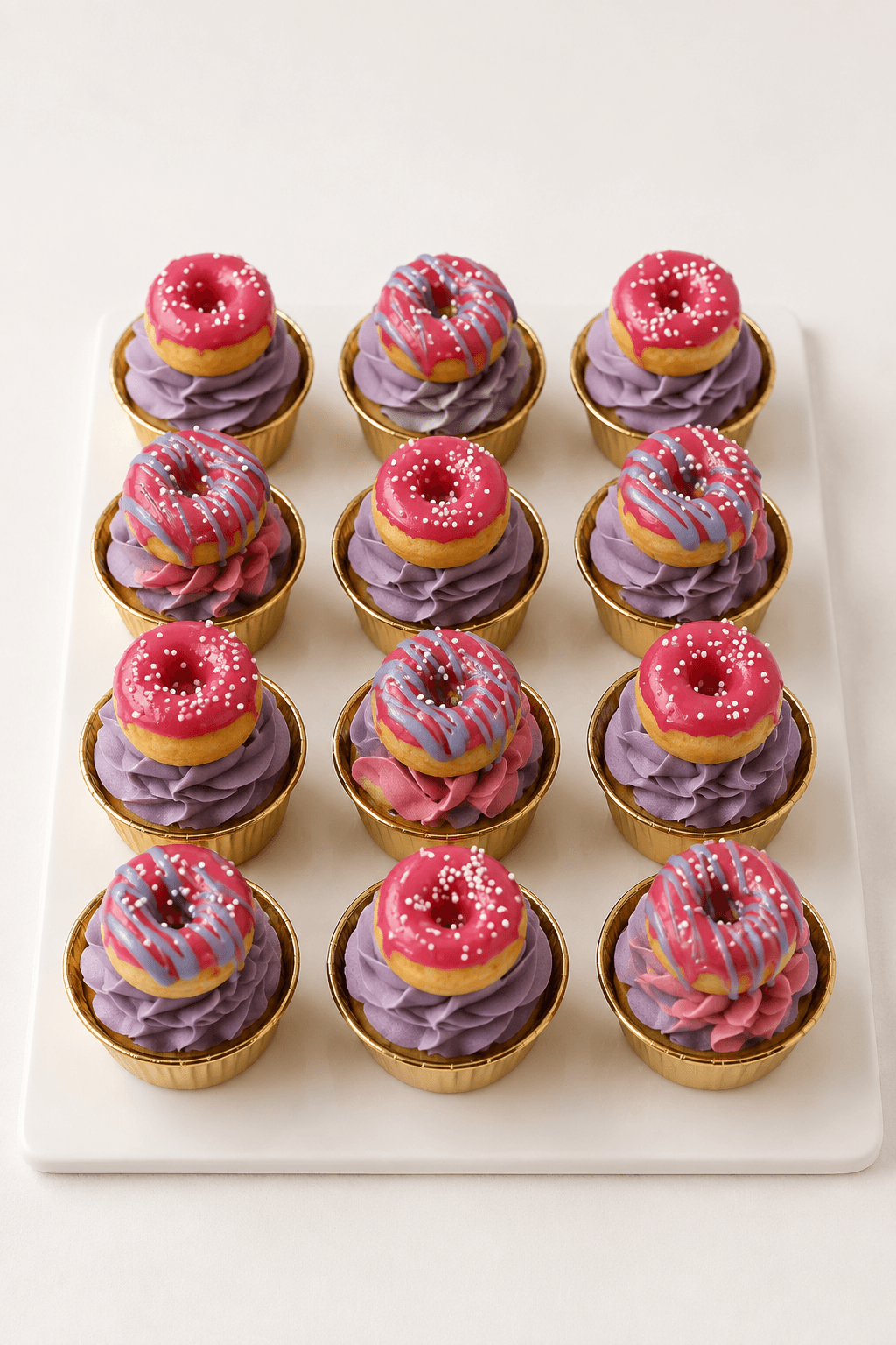 Purple buttercream cupcakes topped with a glazed mini donut by Glory Treats