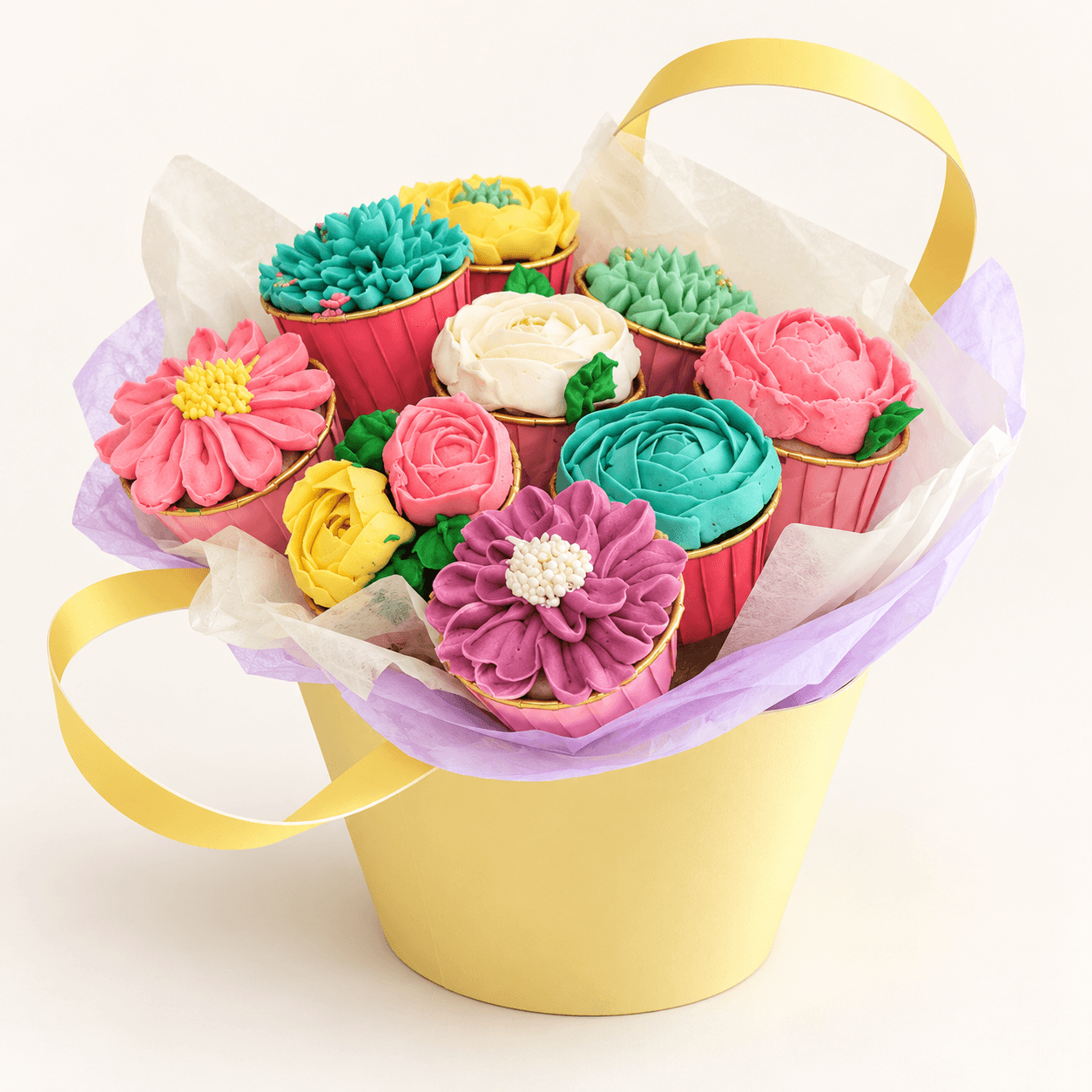Hand-piped flower bouquet cupcakes, gift-wrapped, by Glory Treats