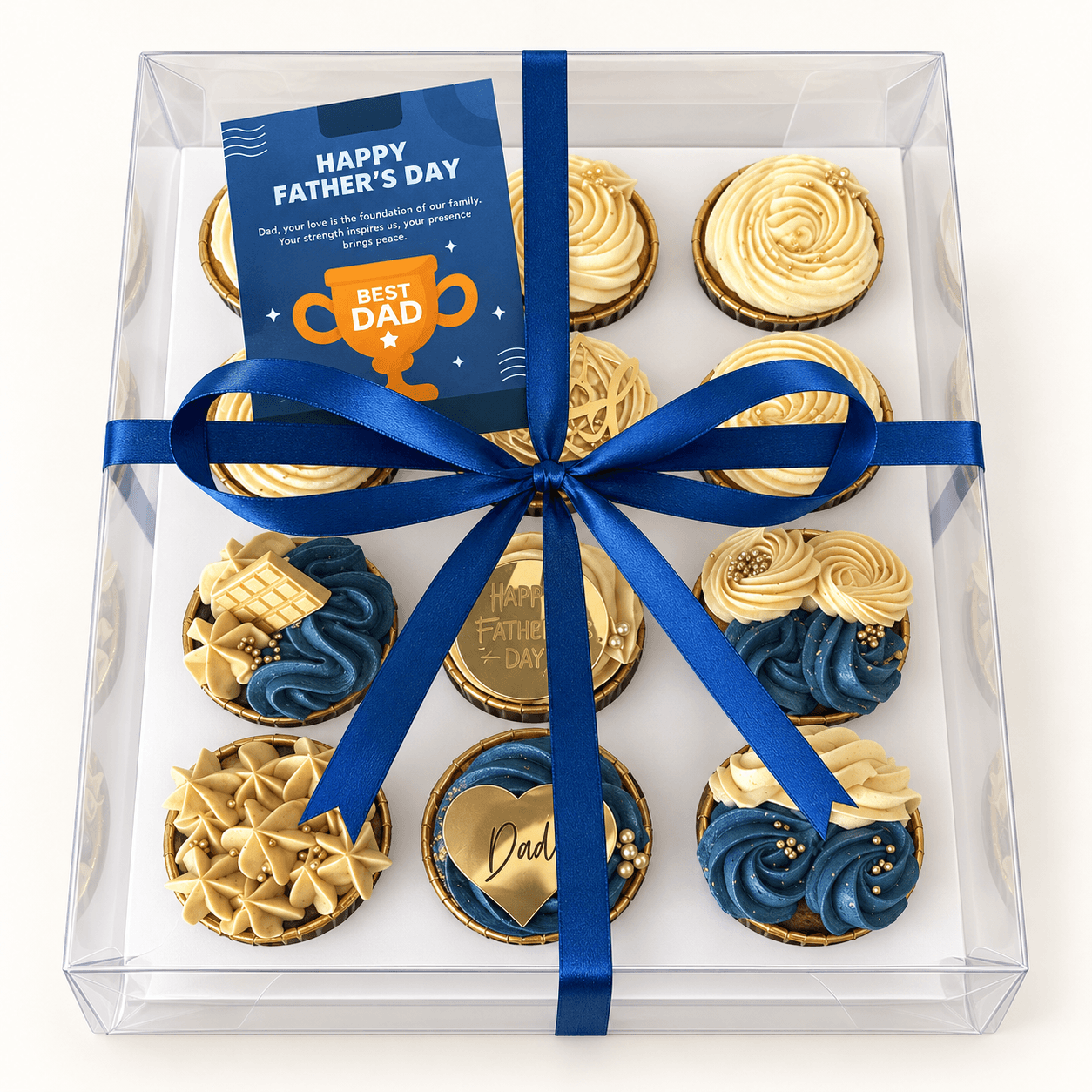 Navy and gold Happy Father's Day dozen cupcakes with a personalised postcard by Glory Treats