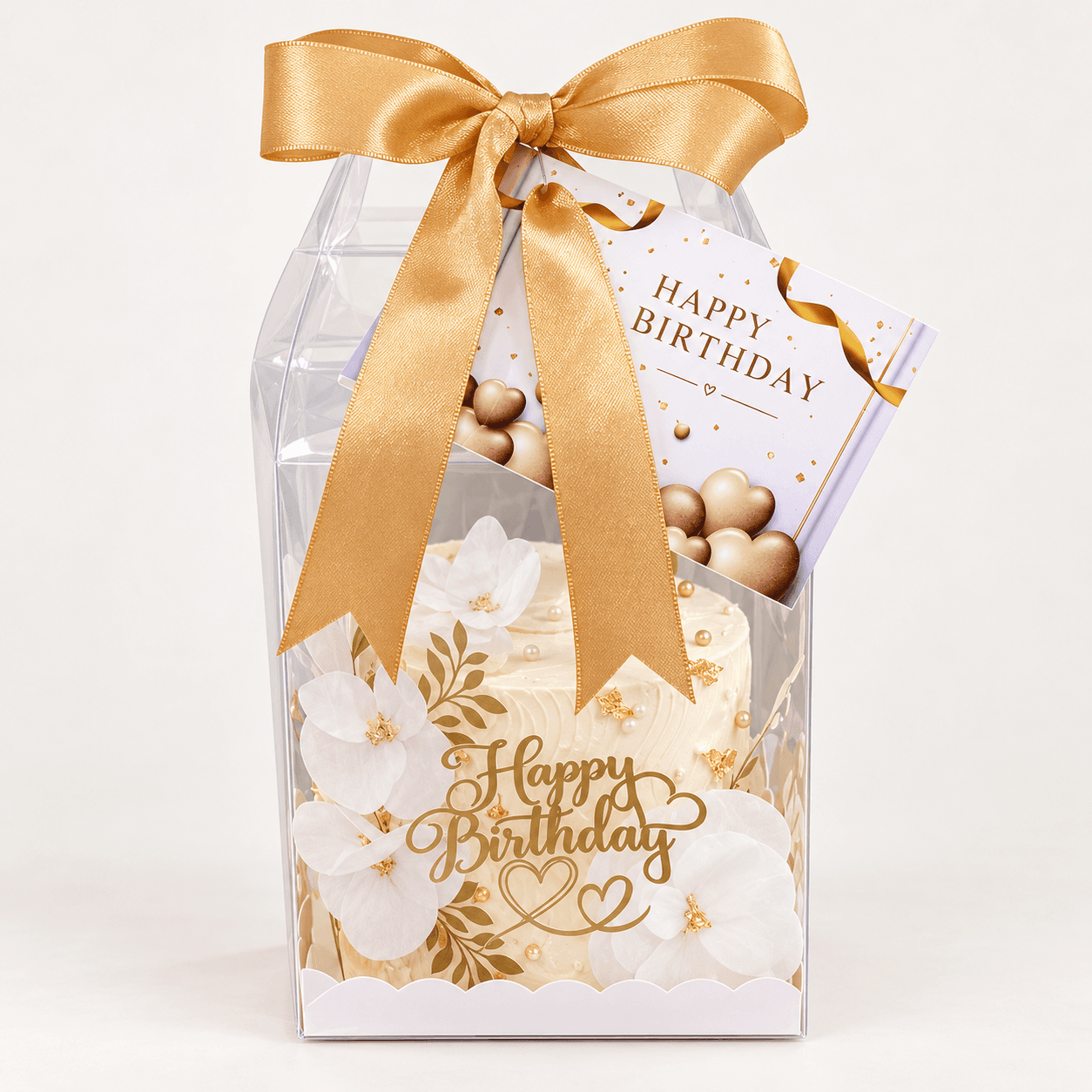 Mini cake gift box with a ribbon and personalised postcard by Glory Treats