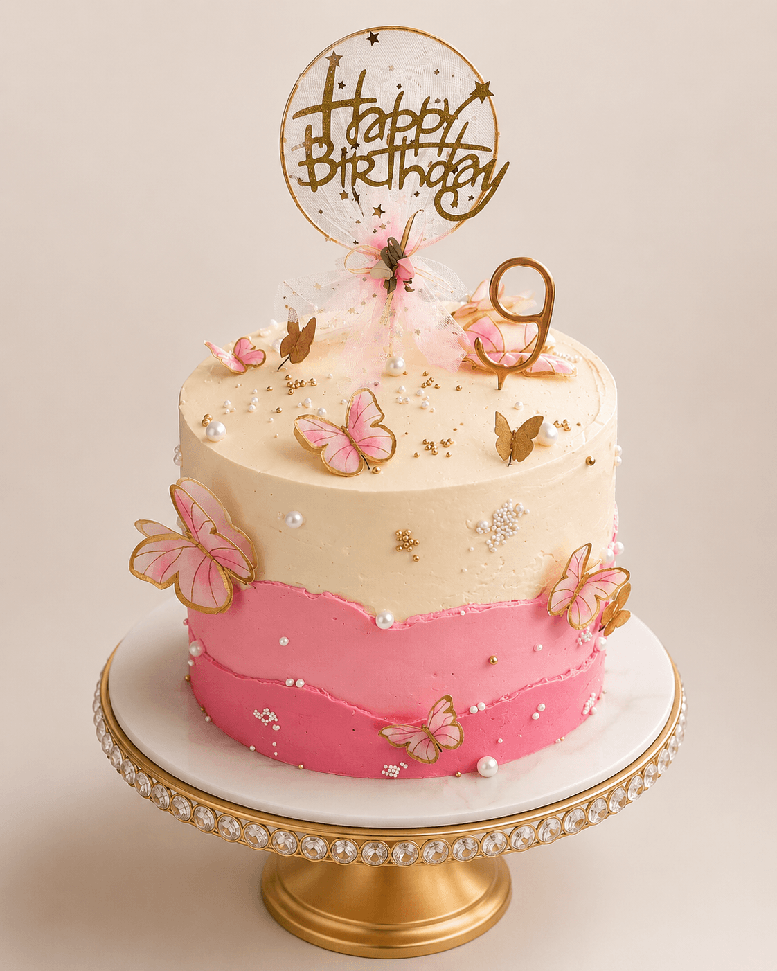 Pink kids birthday cake with gold Happy Birthday topper by Glory Treats