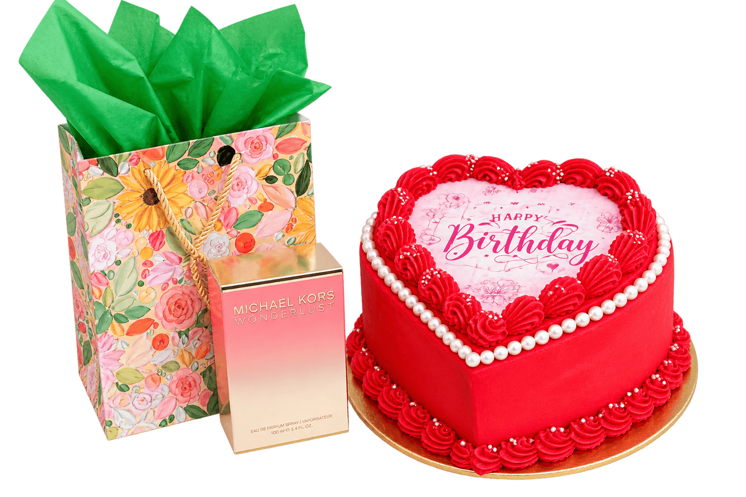 Red heart-shaped anniversary cake paired with a gift bag and perfume by Glory Treats