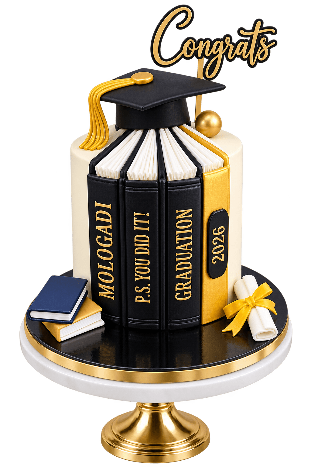 Black and gold graduation book cake for Mologadi's 2026 graduation by Glory Treats