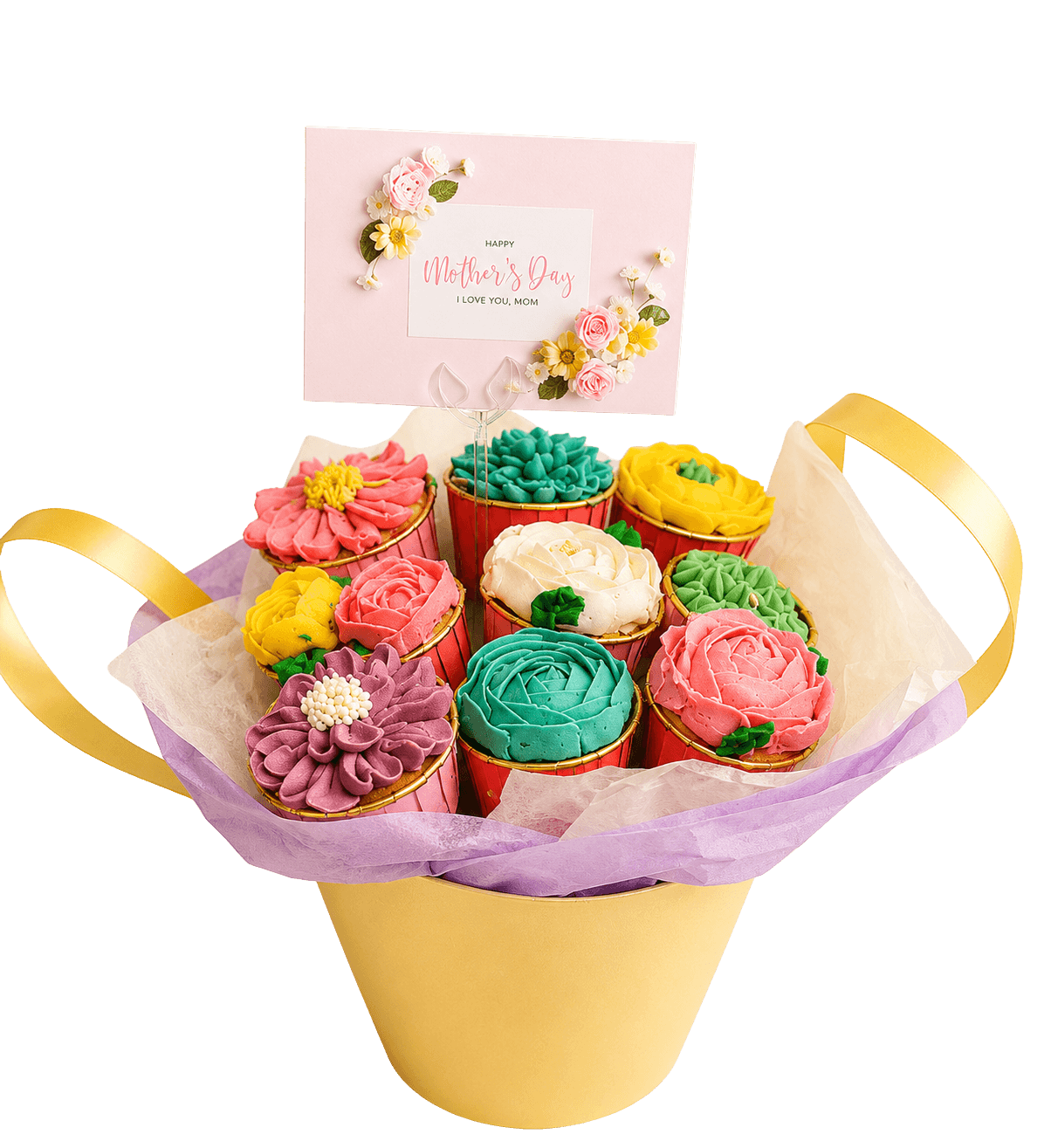 Flower-piped cupcake bouquet with a Happy Mother's Day card by Glory Treats