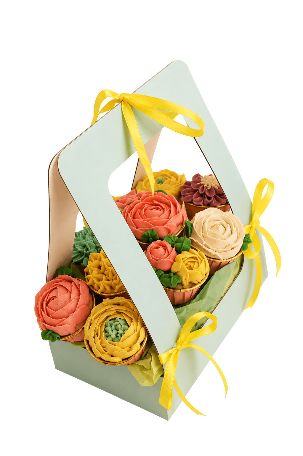 Flower-piped cupcake bouquet in a mint gift box with ribbons by Glory Treats