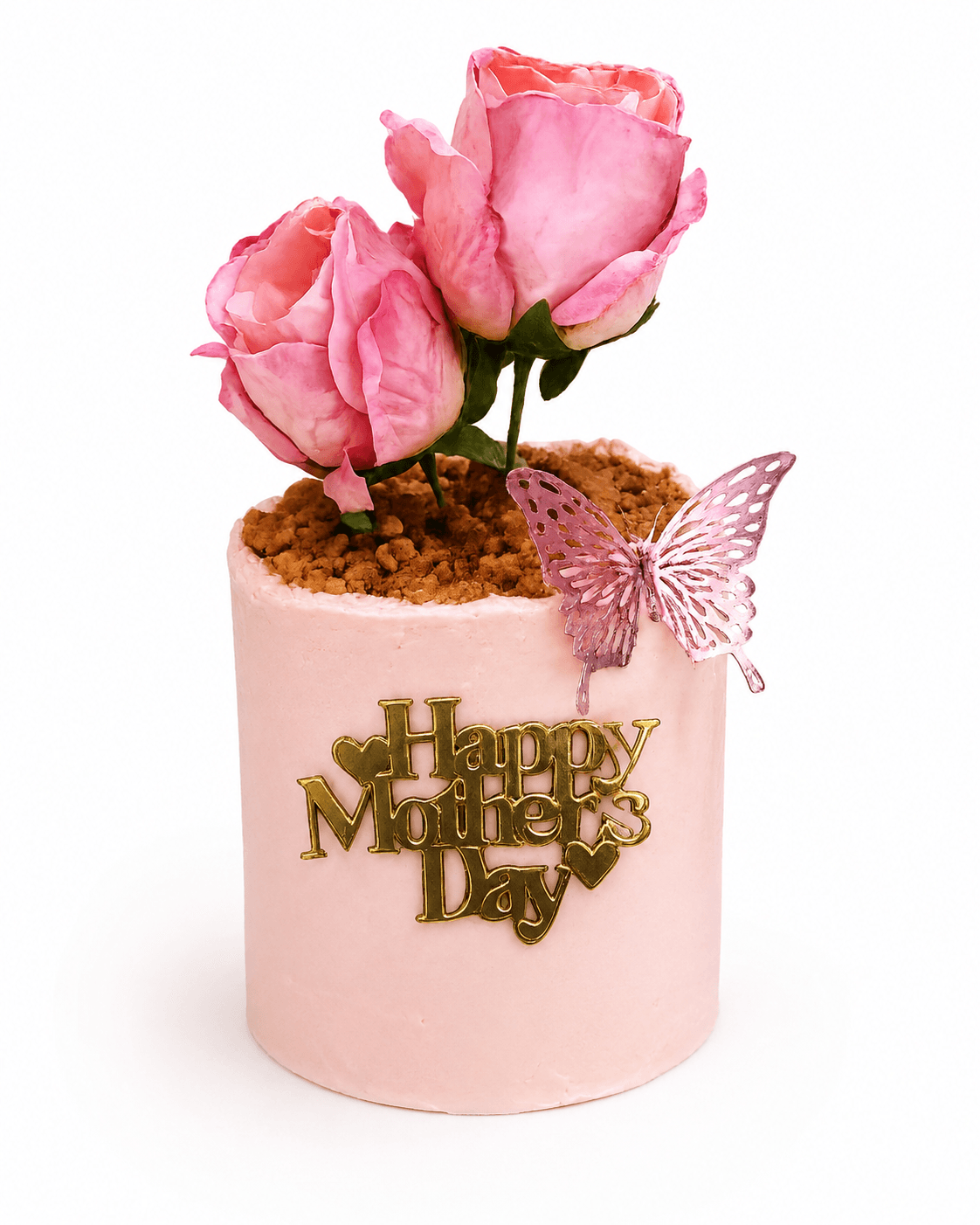 Pink flower pot cake with fresh roses and a Happy Mother's Day topper by Glory Treats