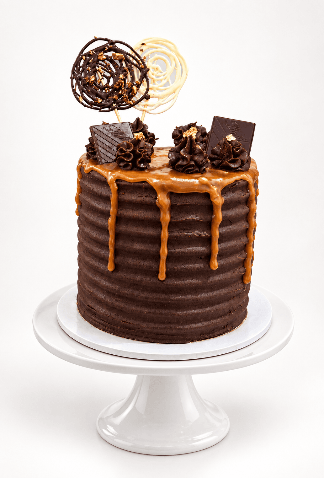 Chocolate and caramel drip cake with chocolate garnish by Glory Treats