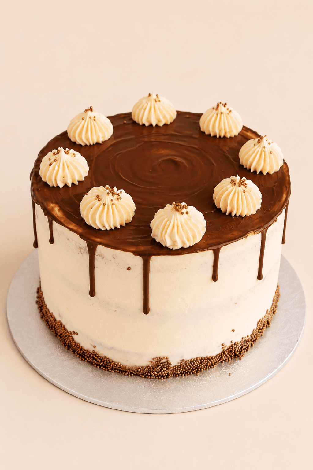 Peppermint caramel cake with a chocolate drip and gold beads by Glory Treats