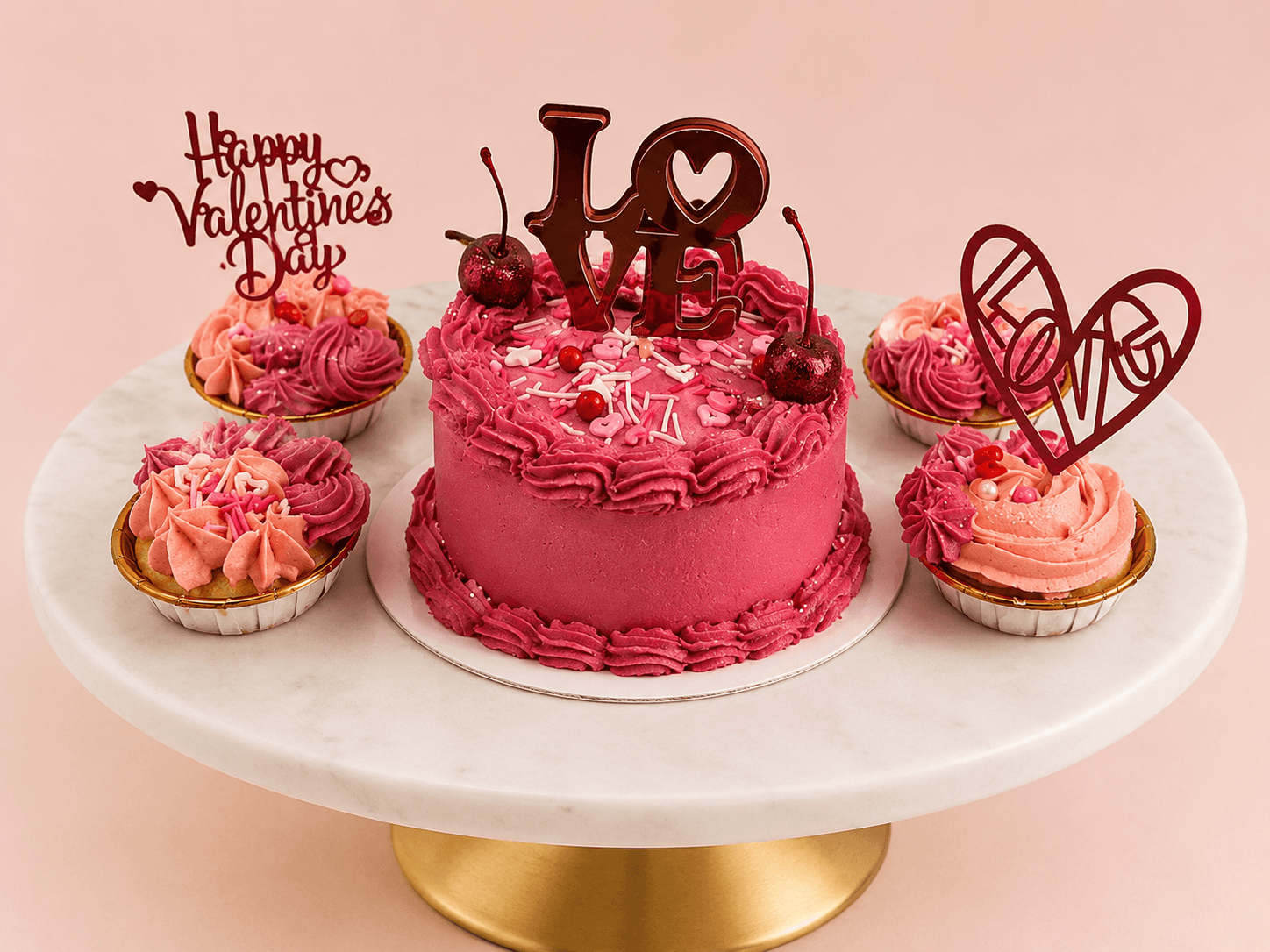 Pink Happy Valentine's Day bento cake with heart cupcakes by Glory Treats