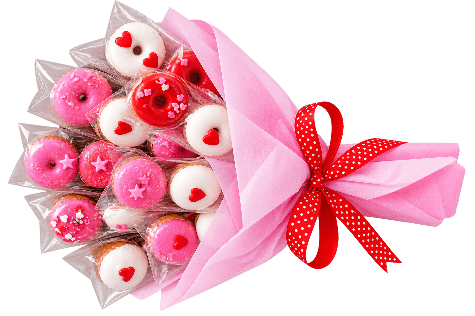 Pink and red heart-decorated mini donut bouquet by Glory Treats