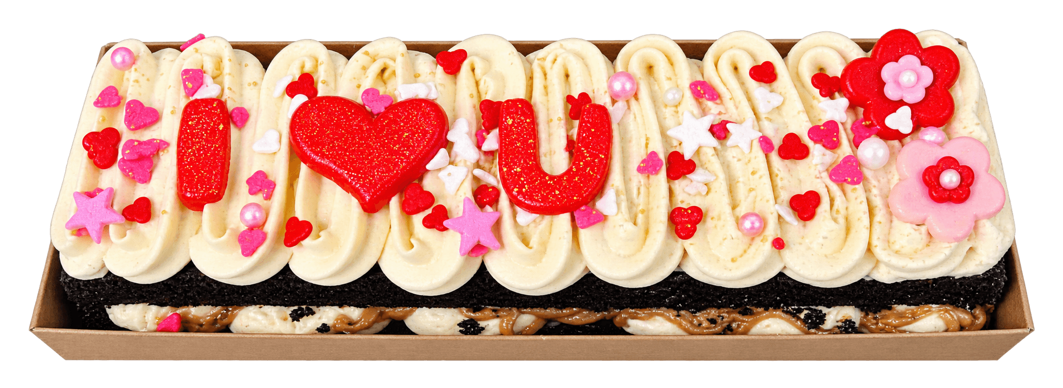 Mini loaf cake decorated 'I Love U' with hearts and flowers by Glory Treats