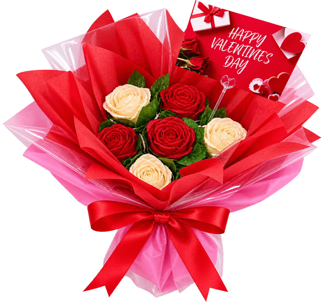 Red and white rose bouquet gift box with a Happy Valentine's Day card by Glory Treats