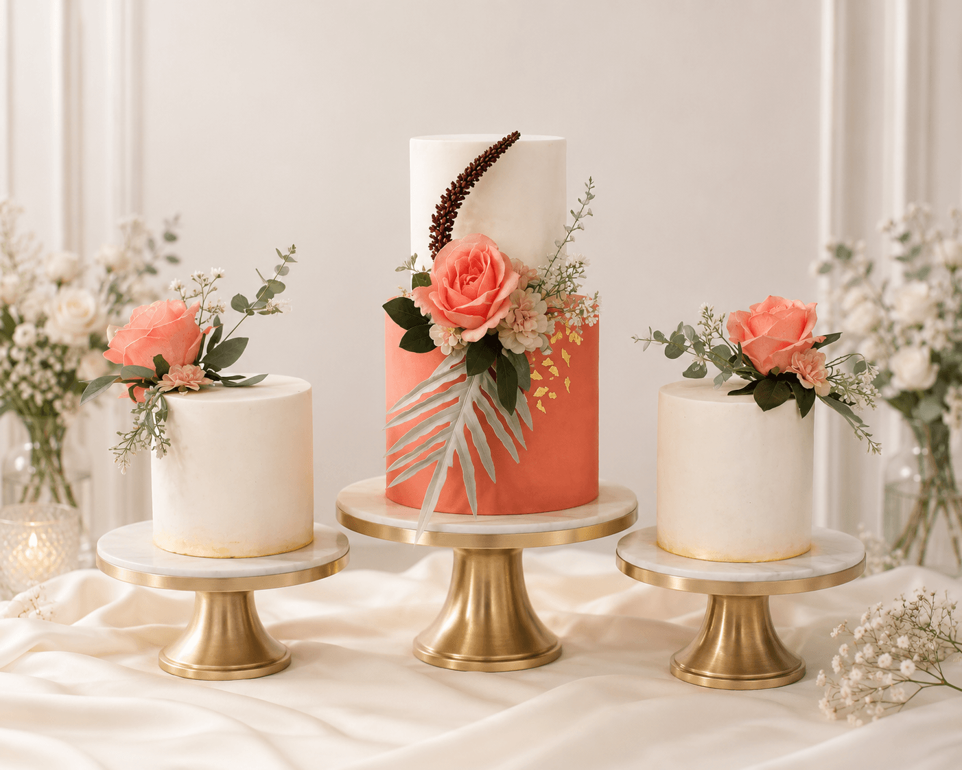 Coral and white wedding cake dessert table with fresh florals by Glory Treats