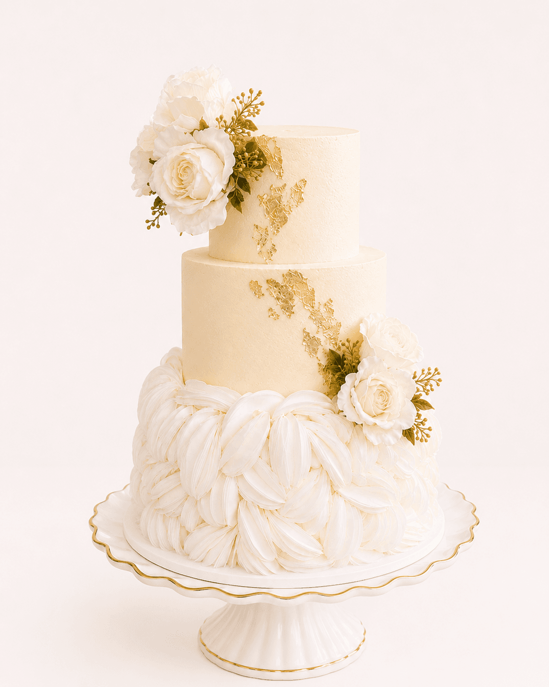 Three-tier ivory wedding cake with ruffled petals, white roses and gold leaf by Glory Treats