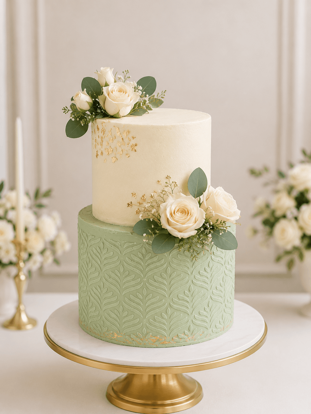 Two-tier ivory and sage green wedding cake with fresh white roses by Glory Treats